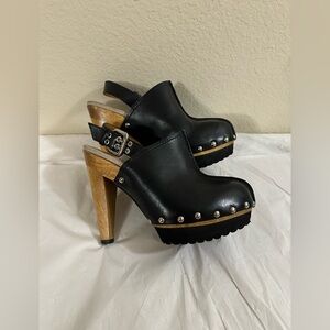 KORS Michael Kors Black Leather Mules with Wooden Heel